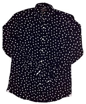 Michael Kors Trim Stretch Navy Blue & White Polka Dot Button Down Shirt Large